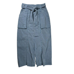 Free People Midi Skirt Womens 2 Blue Catching Feelings Linen Cotton Middle Slit